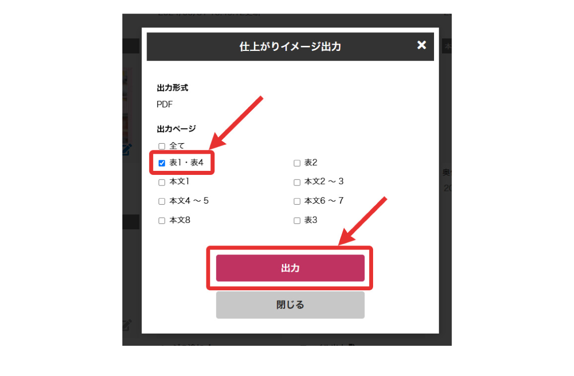 確認したいページにチェックを入れて、「出力ボタン」をクリックします。